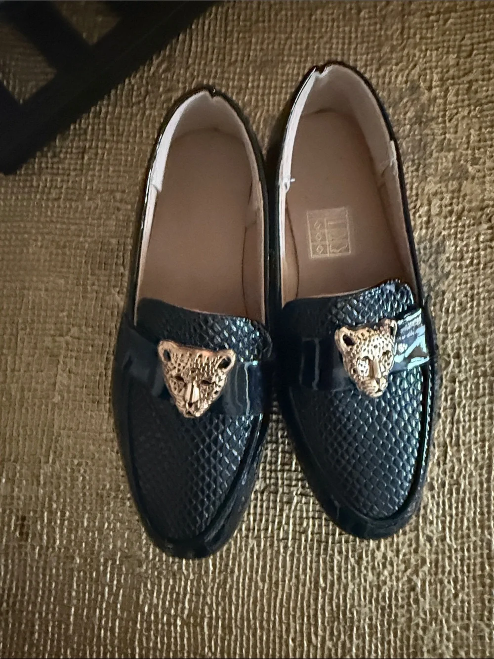 Girls Black Moccasin Loafers with Gold Cat Accent